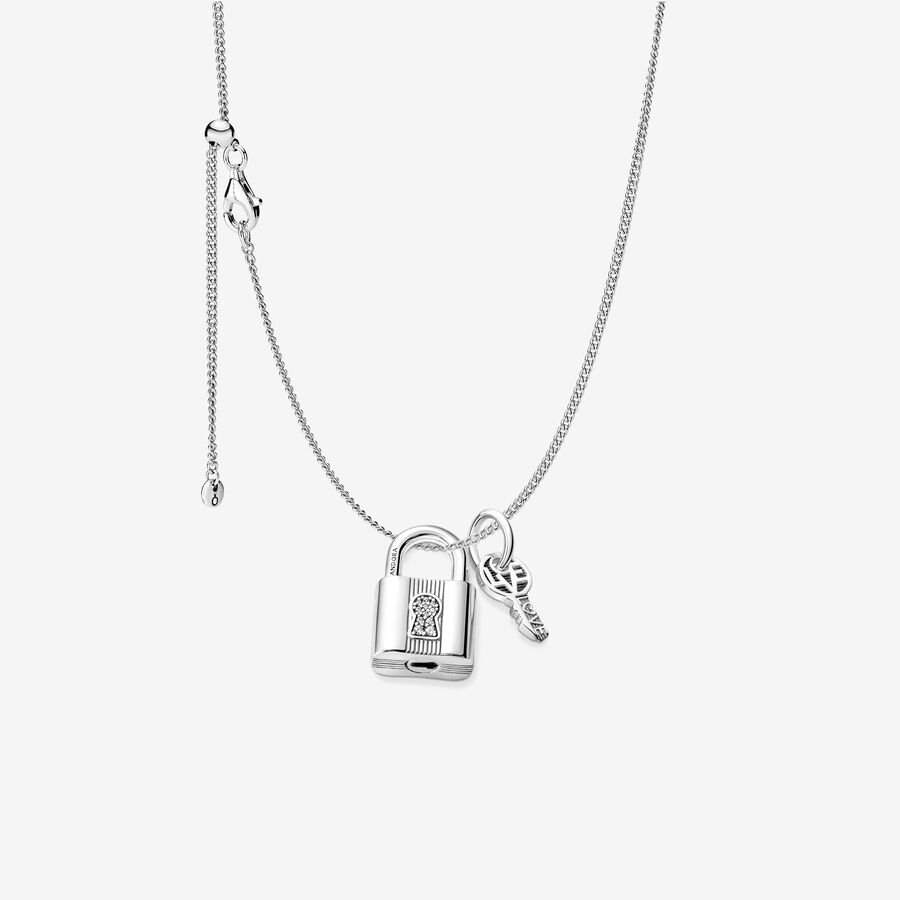 Silver Padlock and Key Necklace Set image number 0